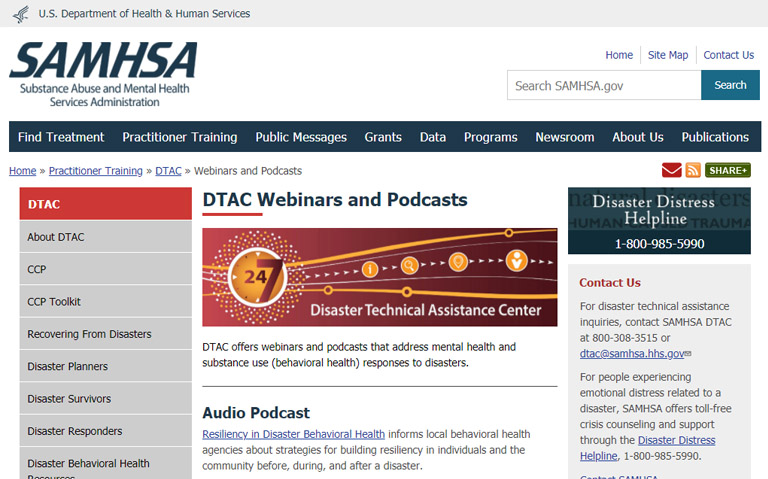 美國災難技術支援中心 DTAC網上課程 (Webinars and Podcasts) (只提供英文版本)